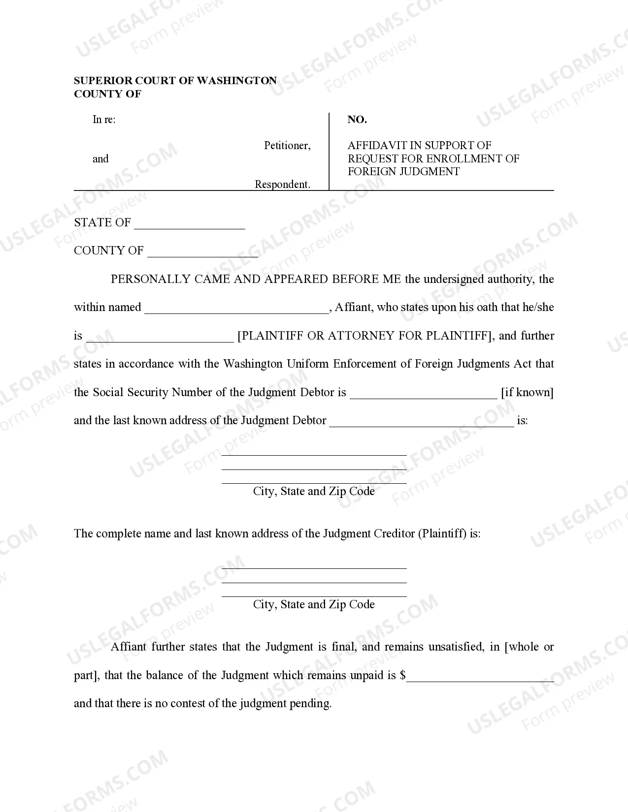 Preview Washington Foreign Judgment Enrollment