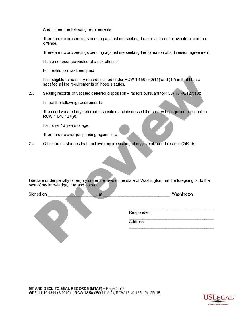 Get Motion and Declaration to Seal Records of Juvenile Offender Preview Motion and Declaration to Seal Records of Juvenile Offender