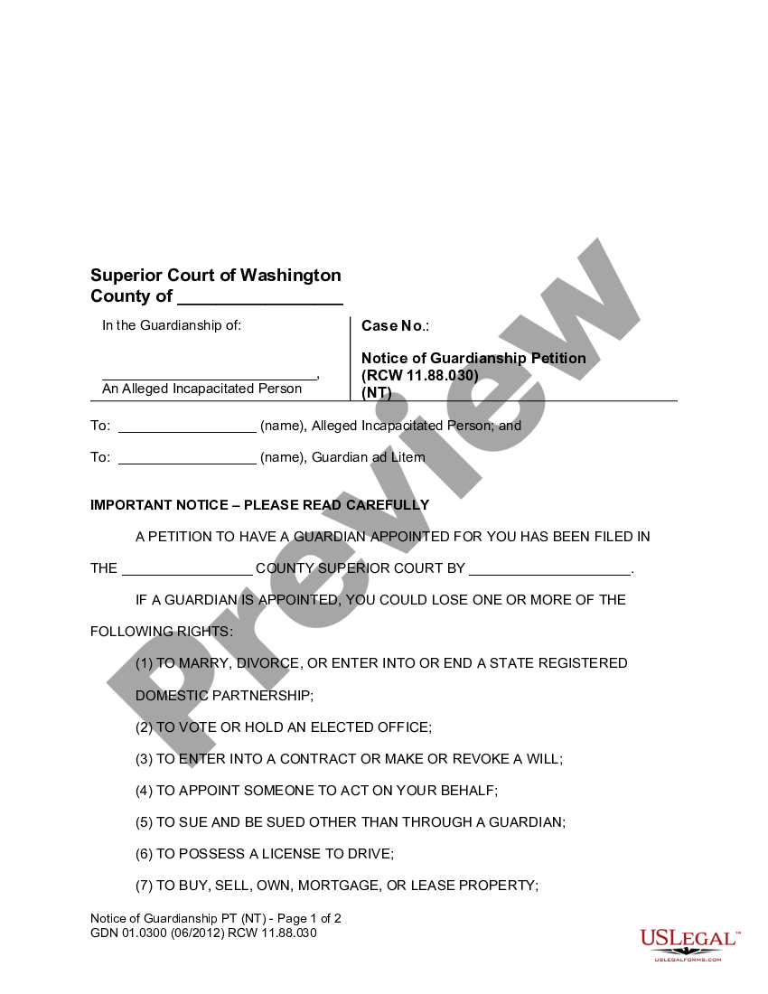 Washington Notice Of Guardianship Petition | US Legal Forms