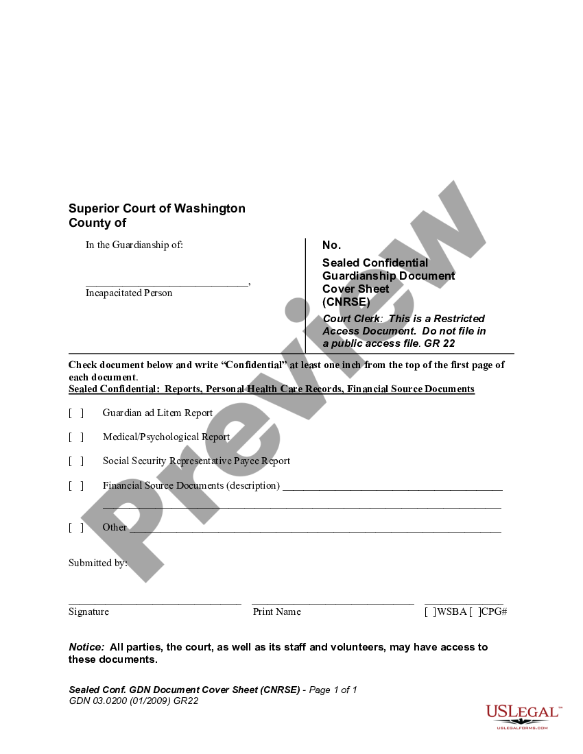 Washington Sealed Confidential Guardianship Document Cover Sheet What   1 