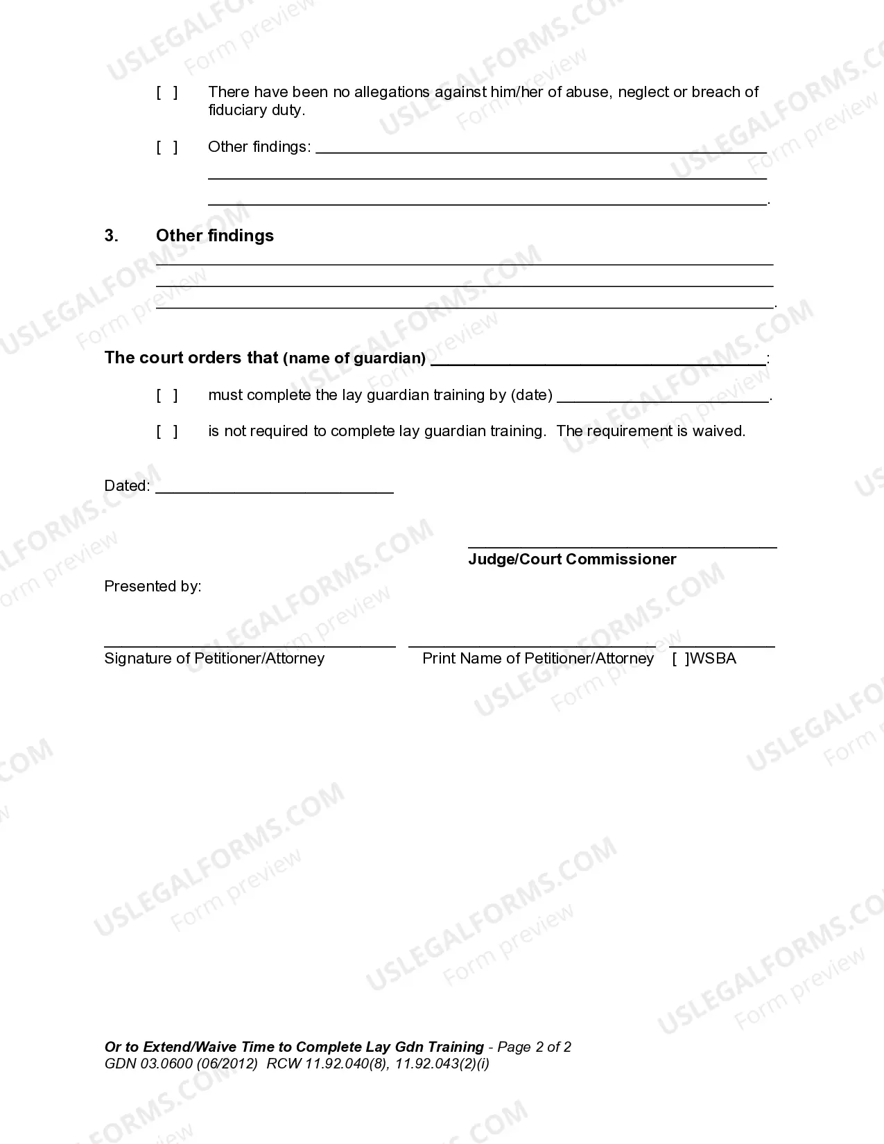 Preview Order to Extend Time to Complete Lay Guardian Training - OREXTGT - Waive Requirement to Complete Lay Guardian Training