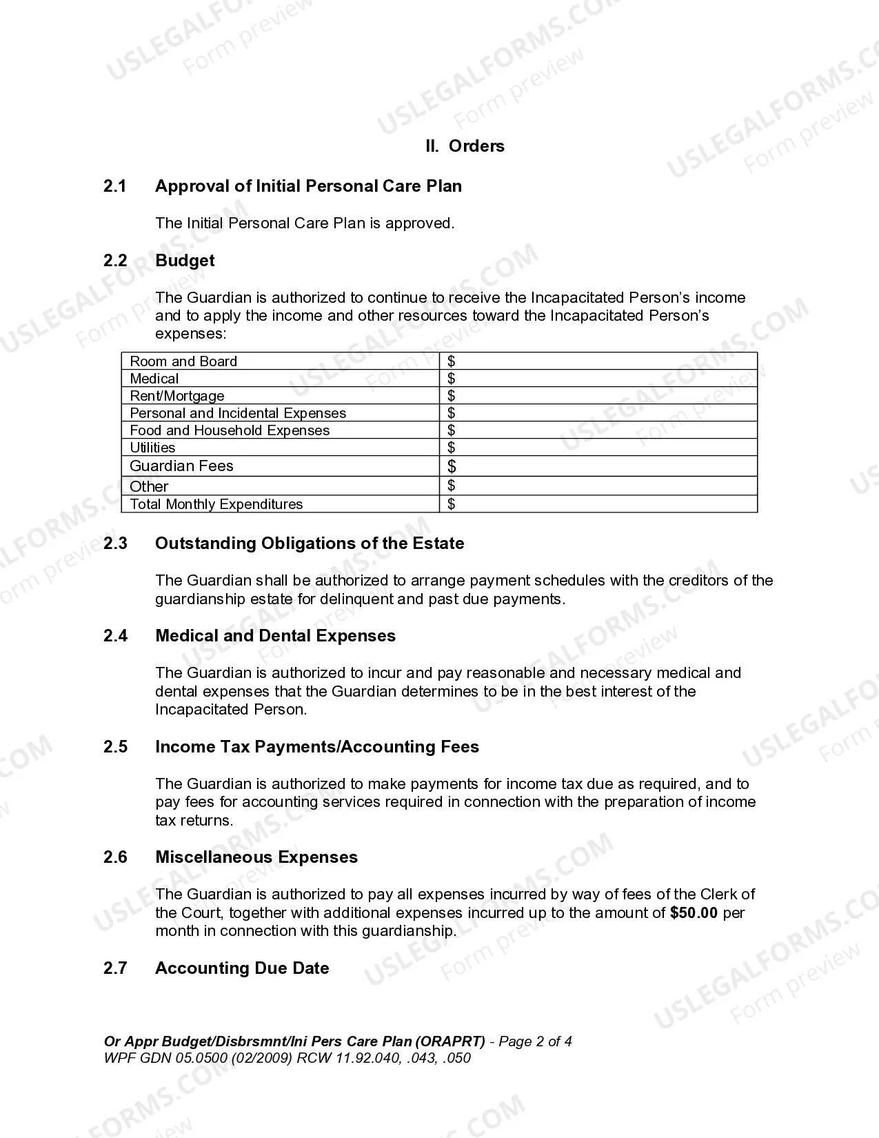 Preview Order Approving Budget, Disbursements, and Initial Personal Care Plan
