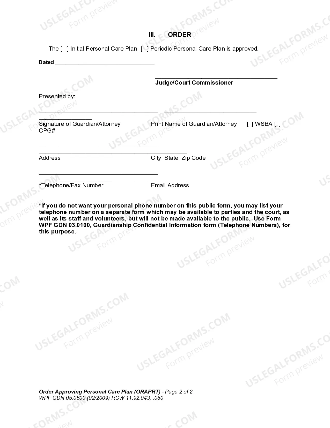 Preview Order Approving Personal Care Plan - ORAPRT