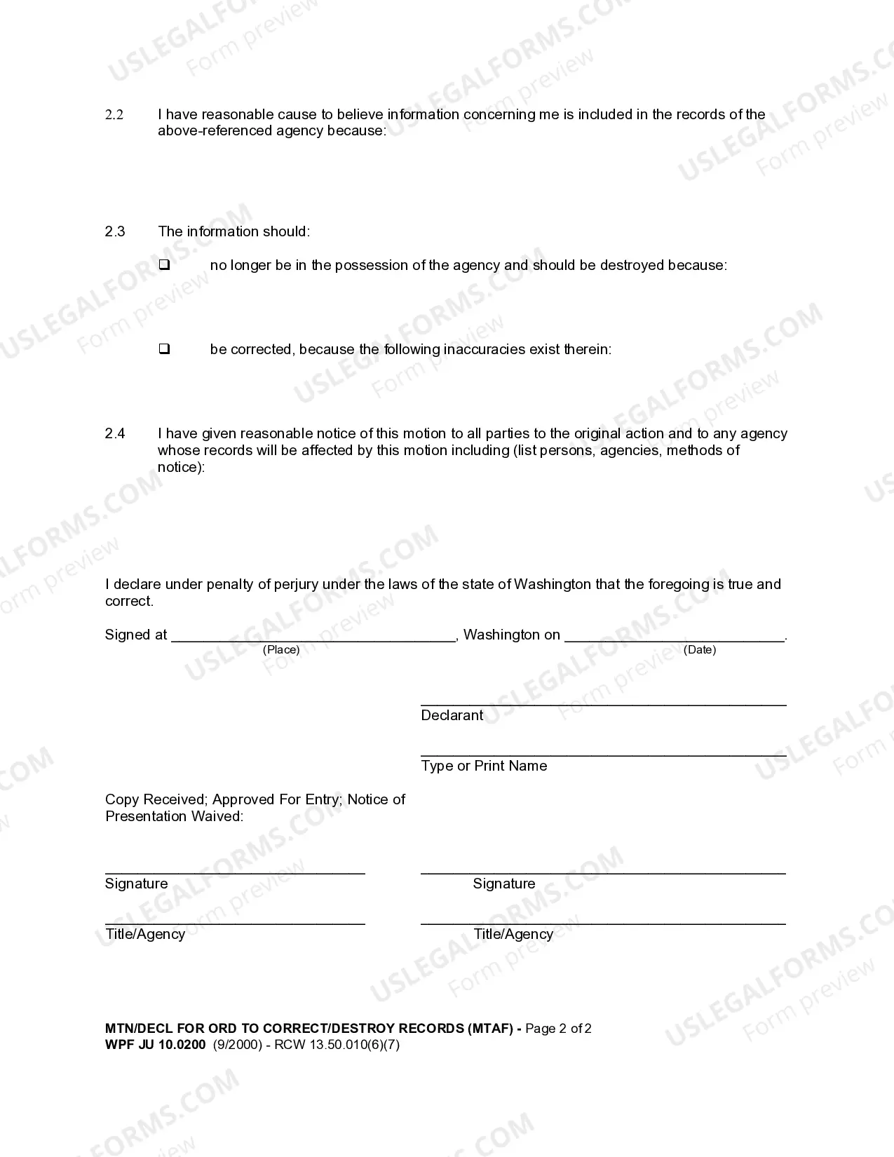 Preview JU 10.0200 - Motion and Declaration for Order to Correct or Destroy Improperly Retained Records