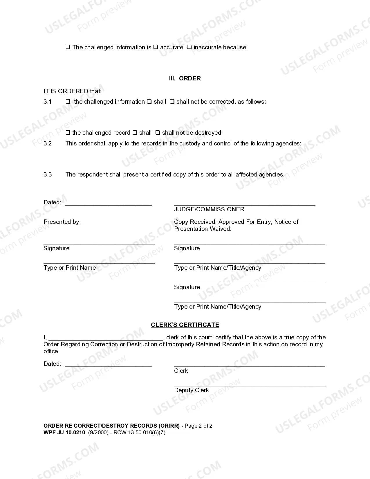 Preview JU 10.0210 - Order Regarding Correction or Destruction of Improperly Retained Records