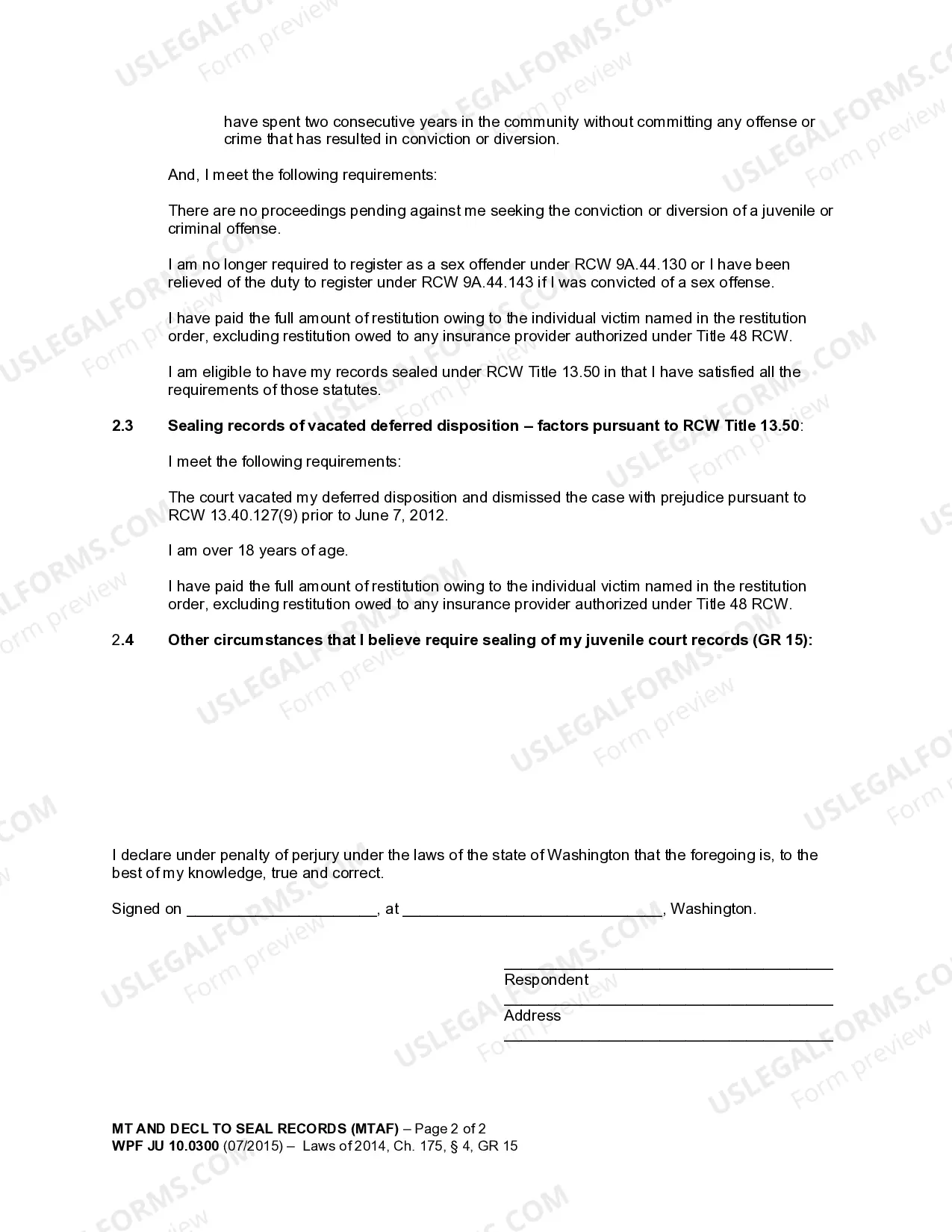 Preview JU 10.0300 - Motion and Declaration to Seal Records of Juvenile Offender Pursuant to RCW 13.50.050 11
