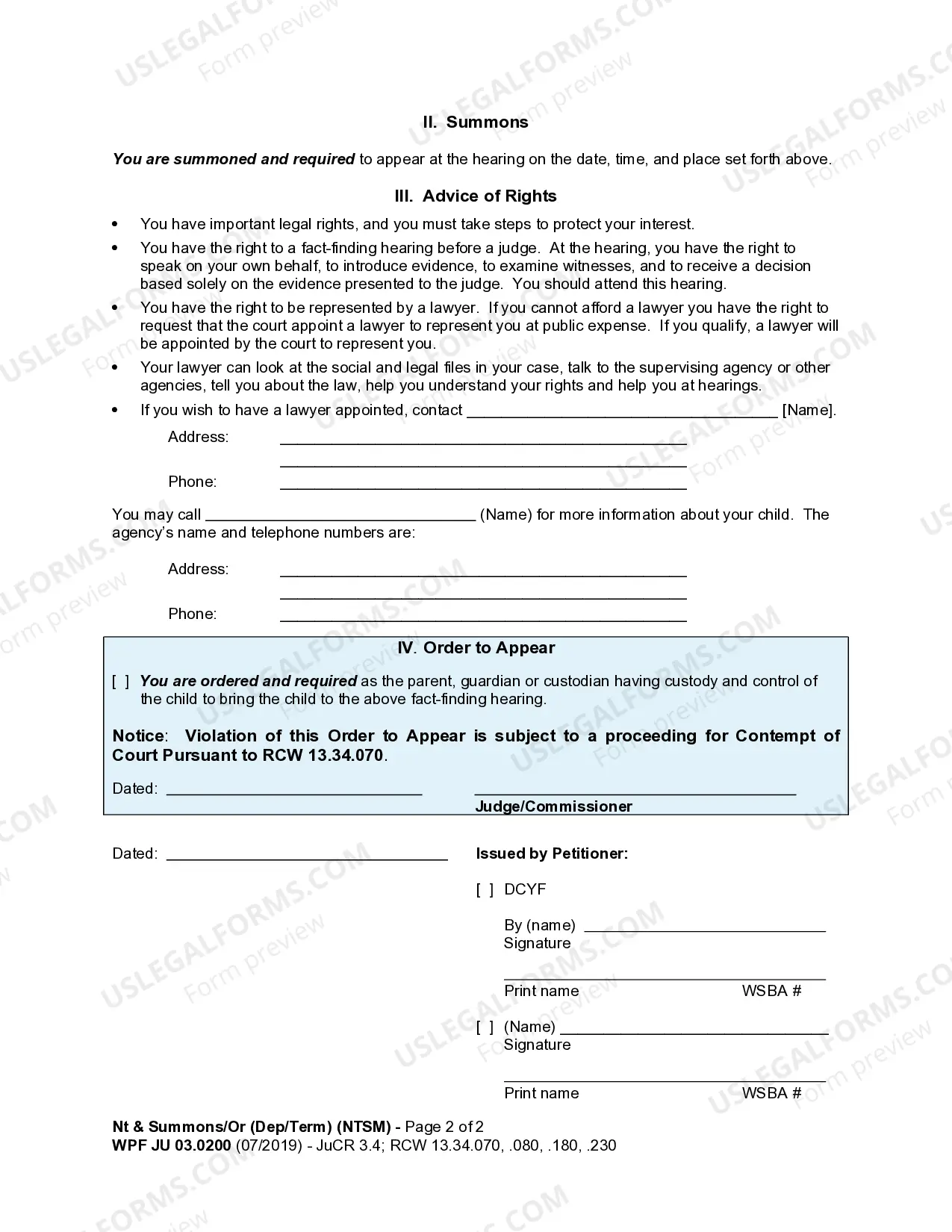 Preview JU 03.0200 - Notice and Summons - Order Dependency - Guardianship - Termination of Parent / Child Relationship - NTSM