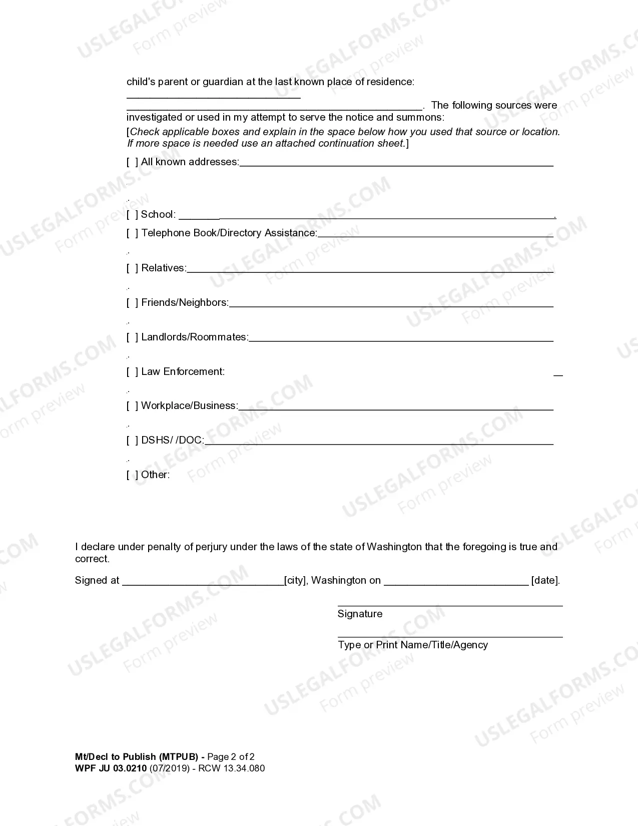 Preview JU 03.0210 - Motion and Declaration to Publish Notice and Summons - MTAF