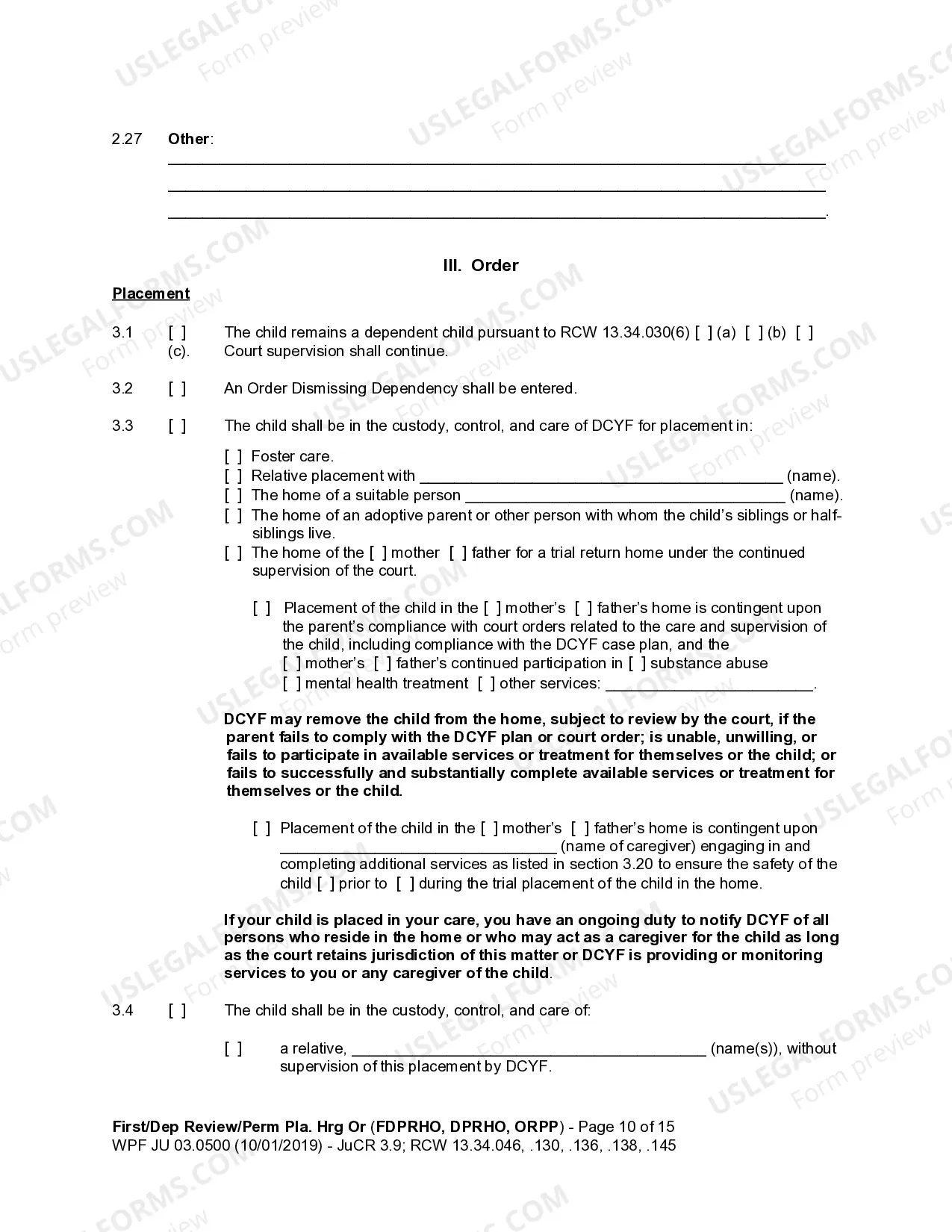 Preview JU 03.0500 - Dependency Review Hearing Order - Permanency Planning Hearing - DPRHO