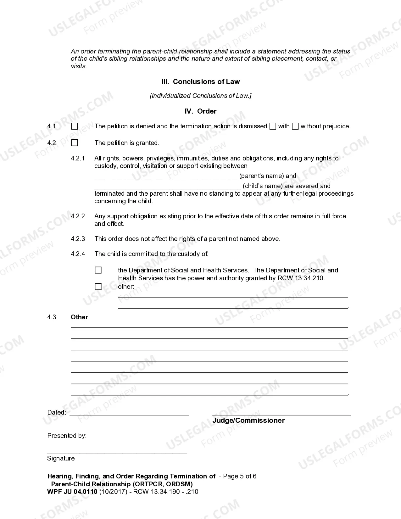 Preview JU 04.0110 - Hearing, Findings, and Order Terminating Parent - Child Relationship