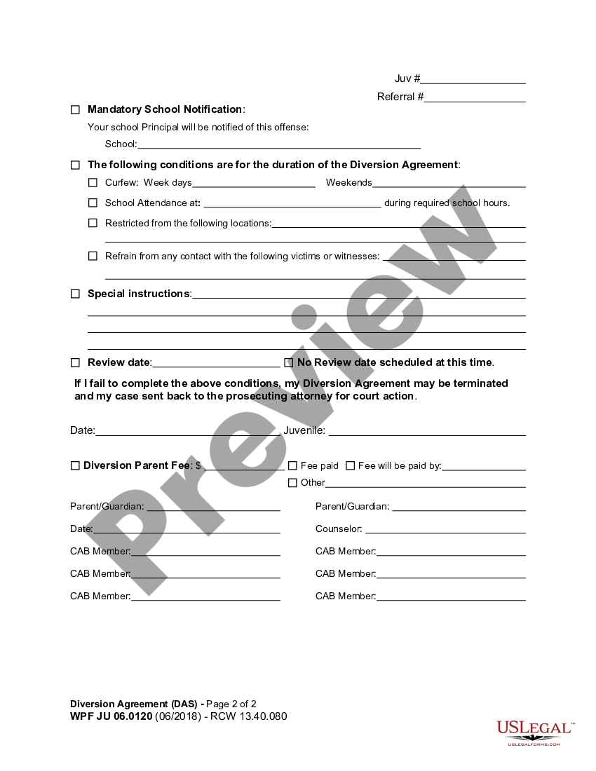 Seattle Washington JU 06.0120 Diversion Agreement US Legal Forms