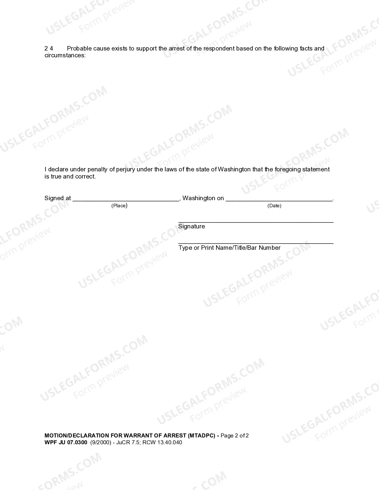 Preview JU 07.0300 - Motion and Declaration for Order for Warrant of Arrest