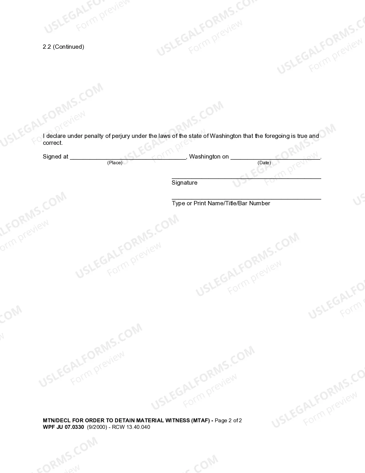 Preview JU 07.0330 - Motion and Declaration for Order to Detain Material Witness