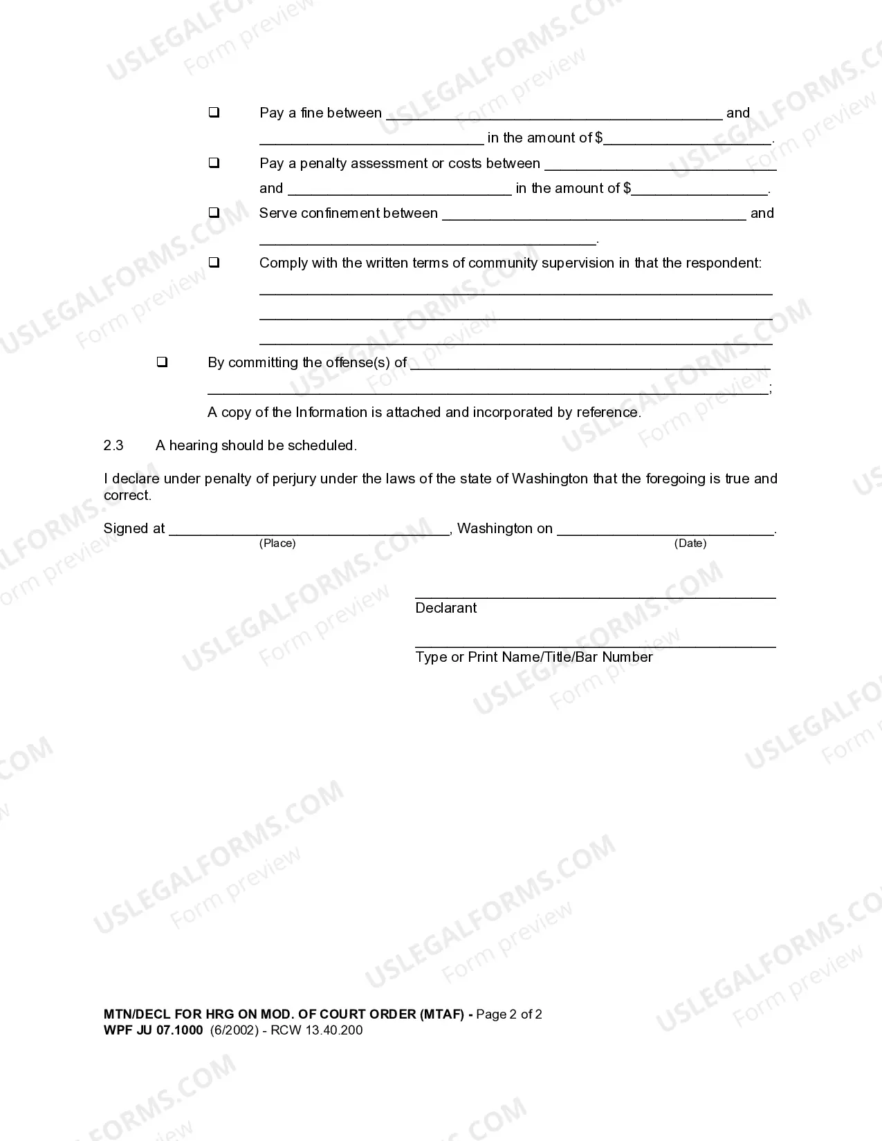 Preview JU 07.1000 - Motion and Declaration for Hearing on Modification of Court Order