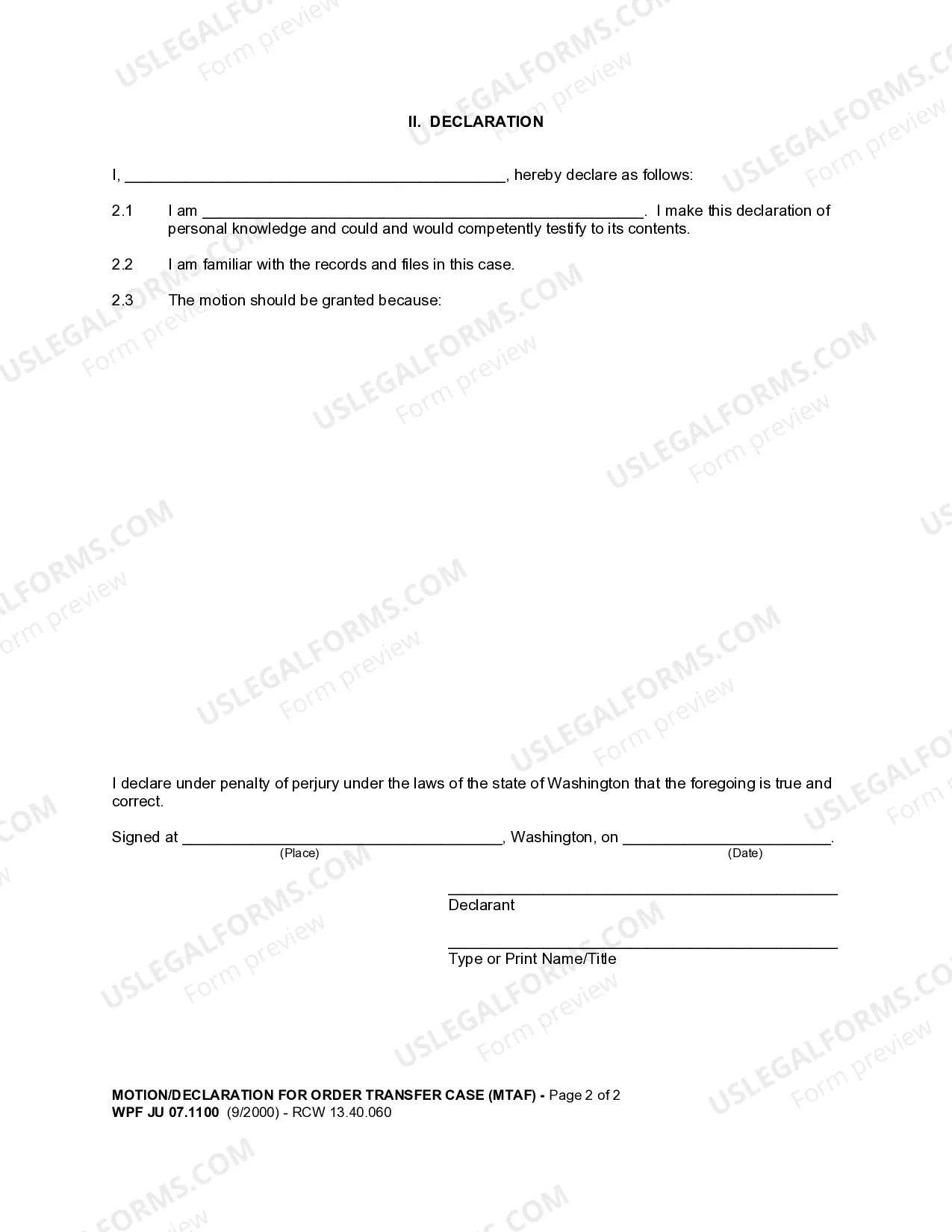 Preview JU 07.1100 - Motion and Declaration for Order Transferring Case