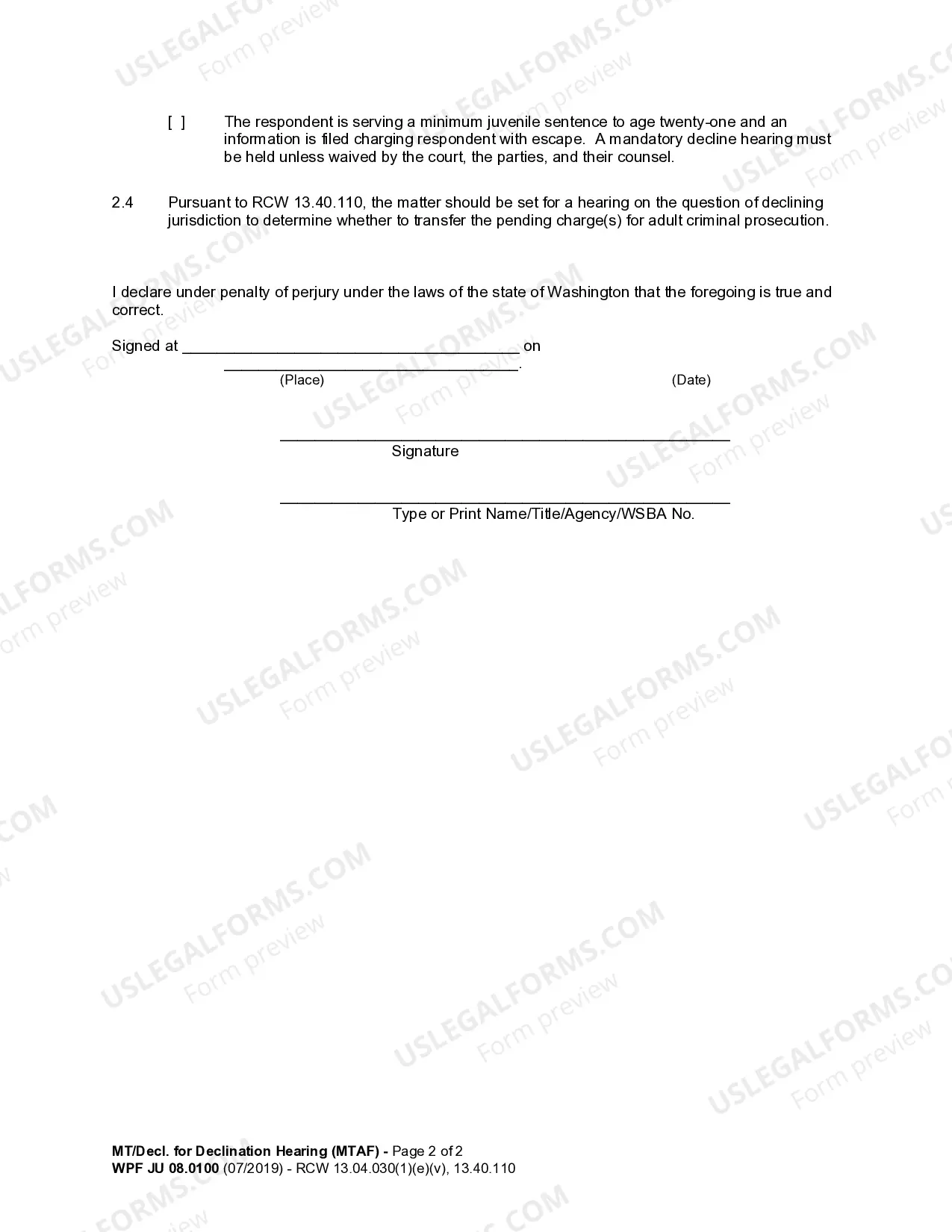 Preview JU 08.0100 - Motion and Declaration for Declination Hearing - MTAF