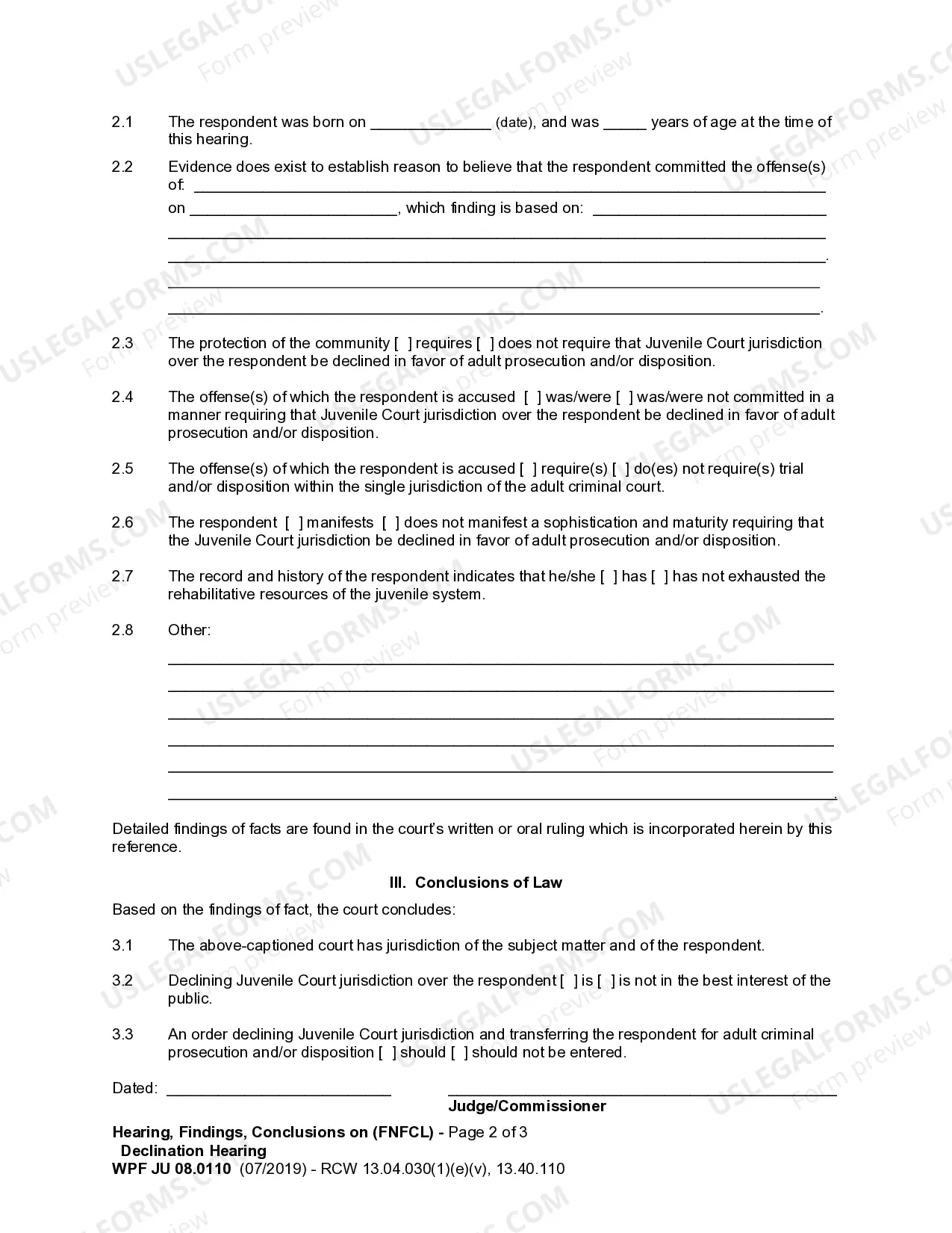 Preview JU 08.0110 - Hearing, Findings and Conclusions on Declination Hearing - FNFCL