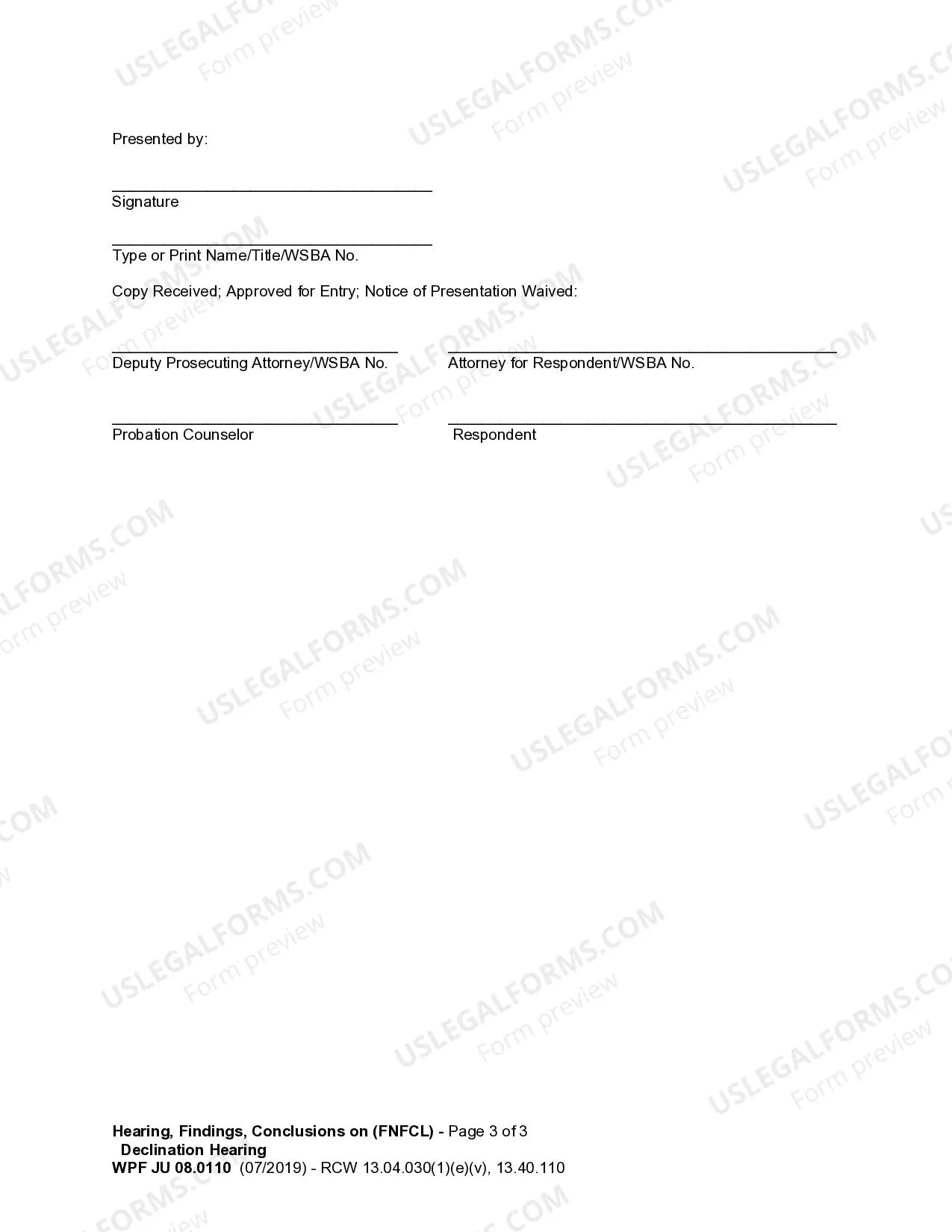 Preview JU 08.0110 - Hearing, Findings and Conclusions on Declination Hearing - FNFCL