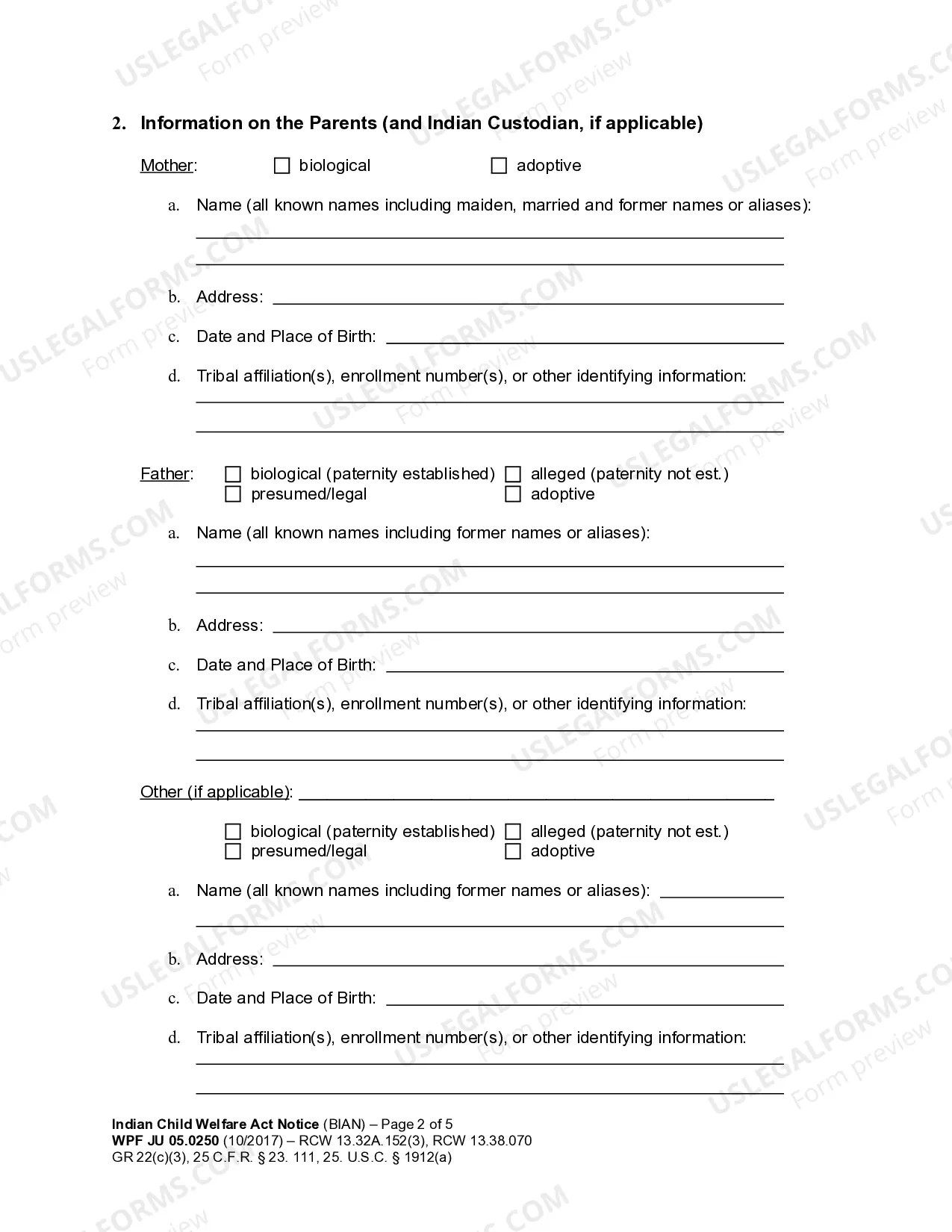 Preview JU 05.0250 - Indian Child Welfare Act Notice 25 U.S.C ' 1912a