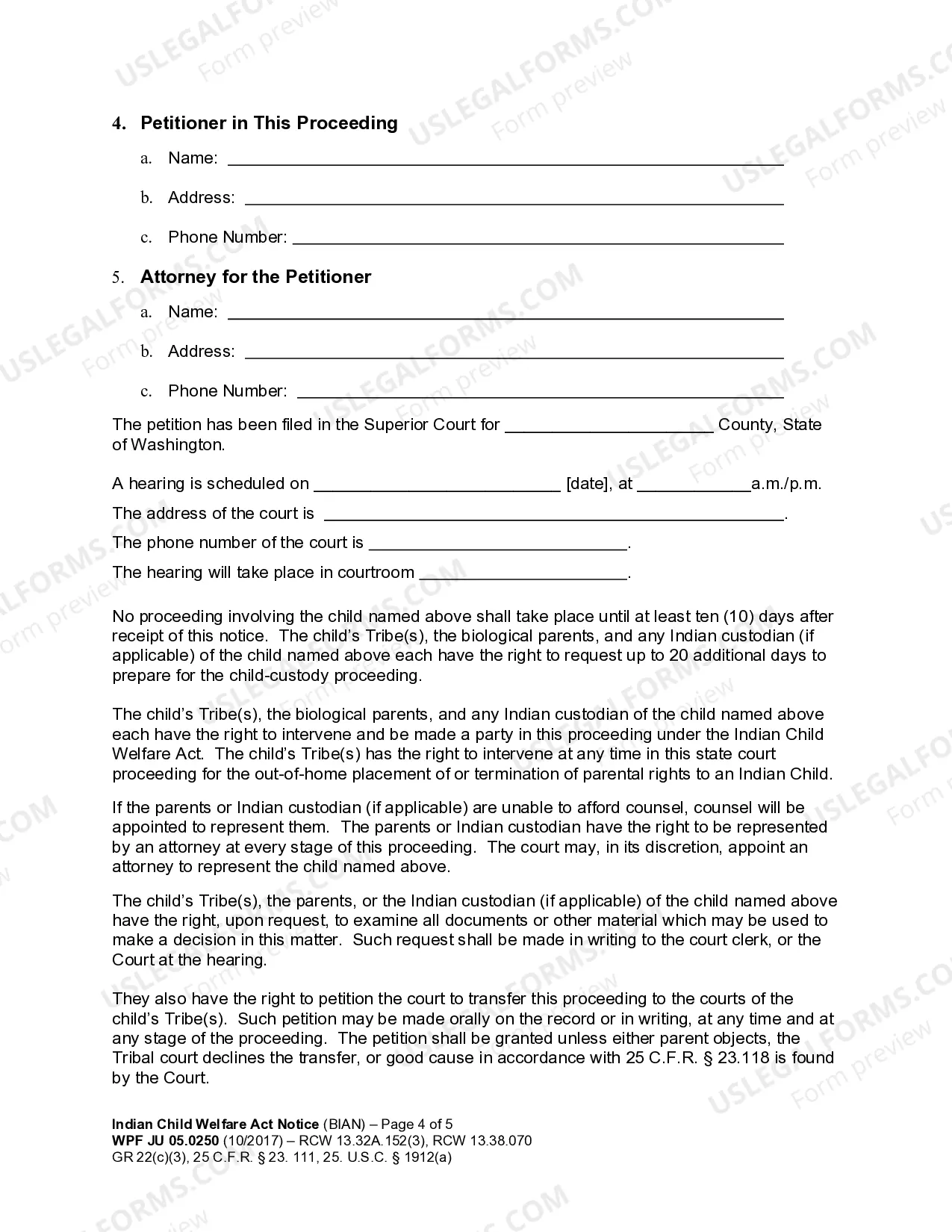 Preview JU 05.0250 - Indian Child Welfare Act Notice 25 U.S.C ' 1912a