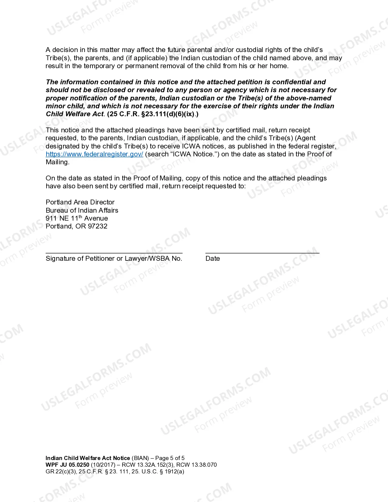 Preview JU 05.0250 - Indian Child Welfare Act Notice 25 U.S.C ' 1912a