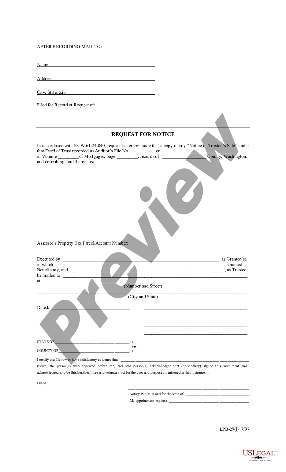 form Request for Notice with individual acknowledgment preview