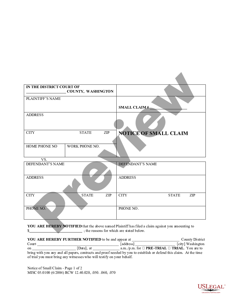 Washington MISC 05 0100 Notice of Small Claim Washington State