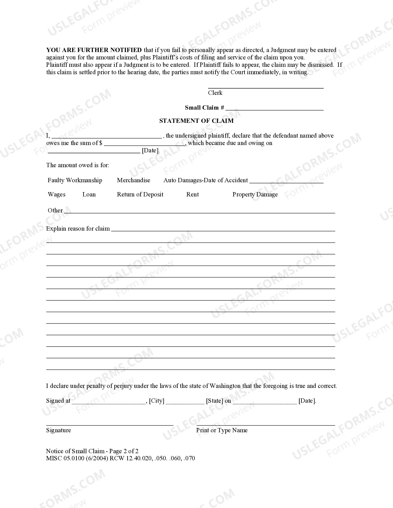 Preview MISC 05.0100 - Notice of Small Claim