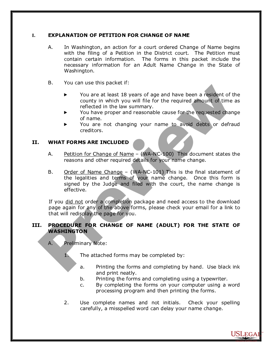 page 1 Washington Name Change Instructions and Forms Package for an Adult preview