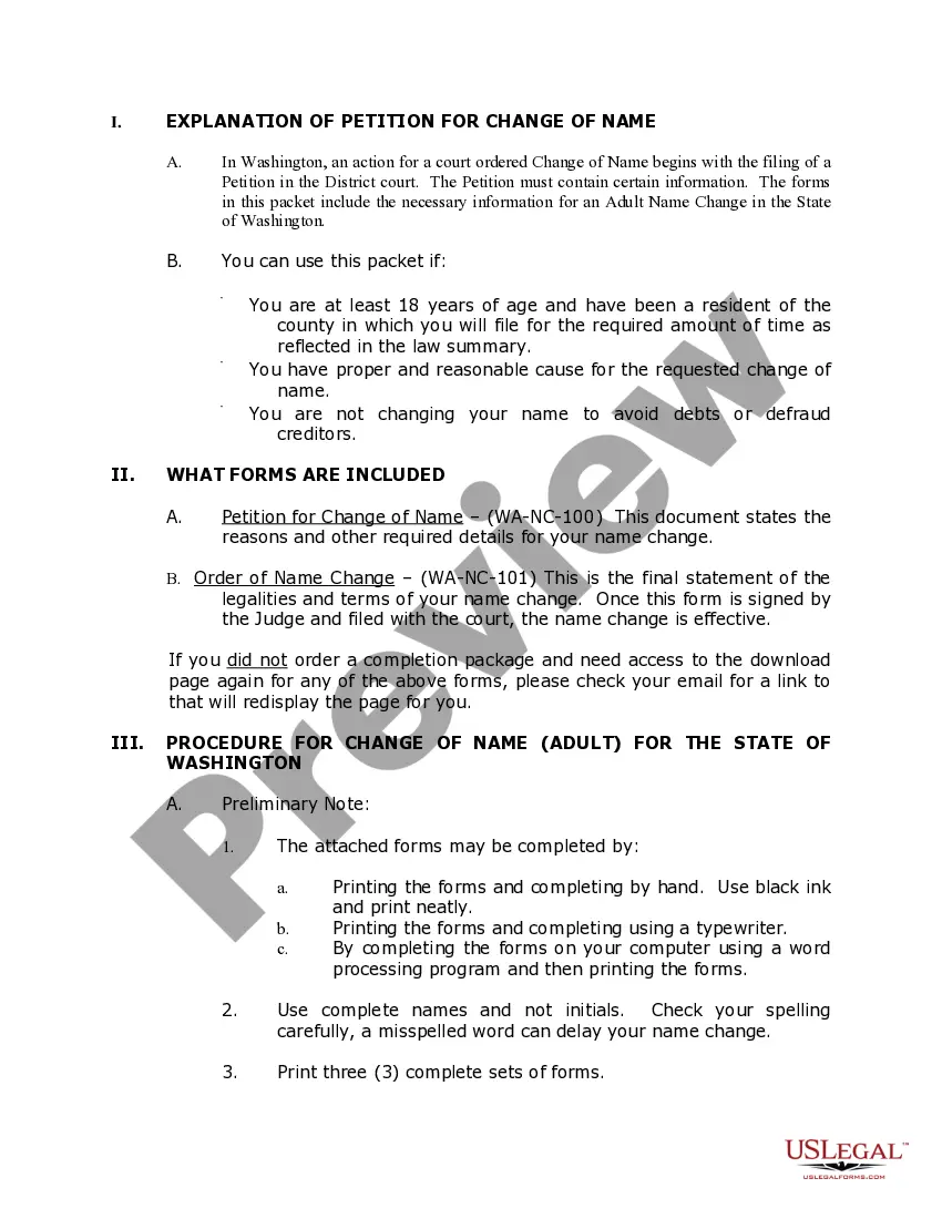 Preview Washington Name Change Instructions and Forms Package for an Adult