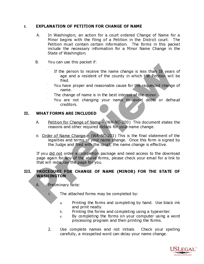 Preview Washington Name Change Instructions and Forms Package for a Minor