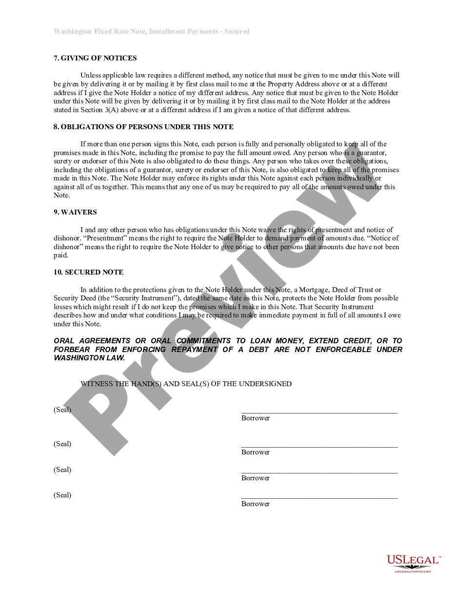 page 2 Washington Installments Fixed Rate Promissory Note Secured by Residential Real Estate preview