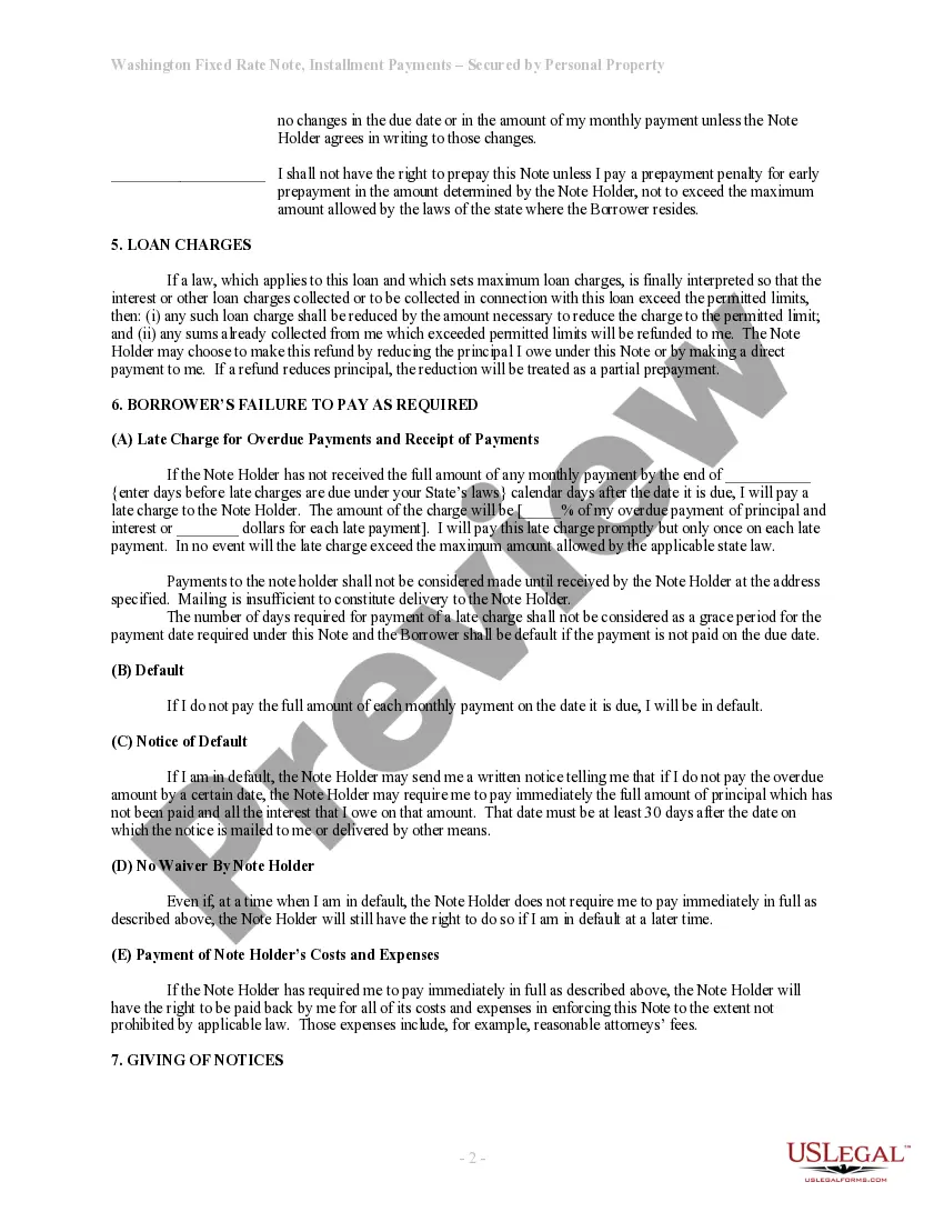 Get Washington Installments Fixed Rate Promissory Note Secured by Personal Property Preview Washington Installments Fixed Rate Promissory Note Secured by Personal Property