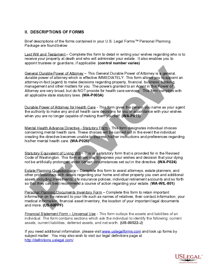 Get Washington Life Documents Planning Package, including Will, Power of Attorney and Living Will Preview Washington Life Documents Planning Package, including Will, Power of Attorney and Living Will