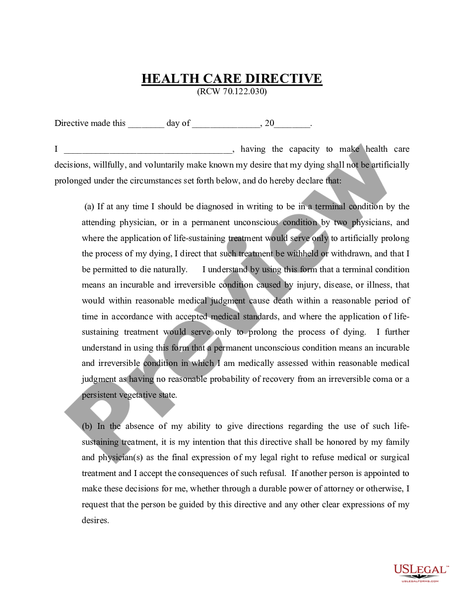 page 1 Statutory Equivalent of Living Will - Health Care Directive preview