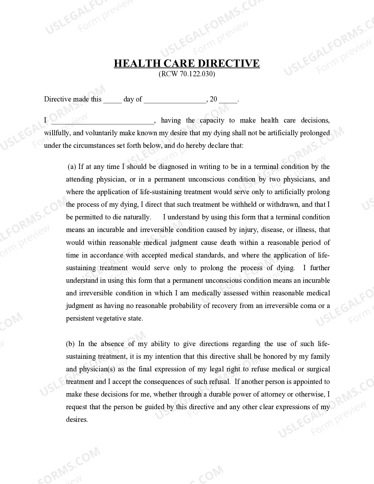 Preview Statutory Equivalent of Living Will - Health Care Directive