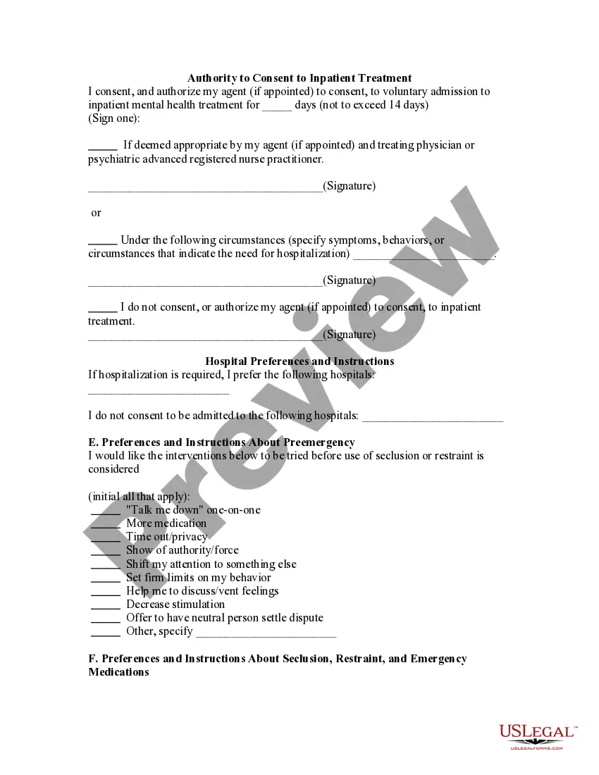 Get Mental Health Advance Directive - Statutory form Preview Mental Health Advance Directive - Statutory form