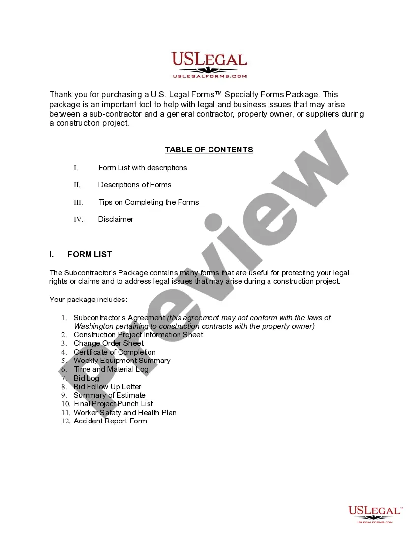 Preview Washington Subcontractors Package