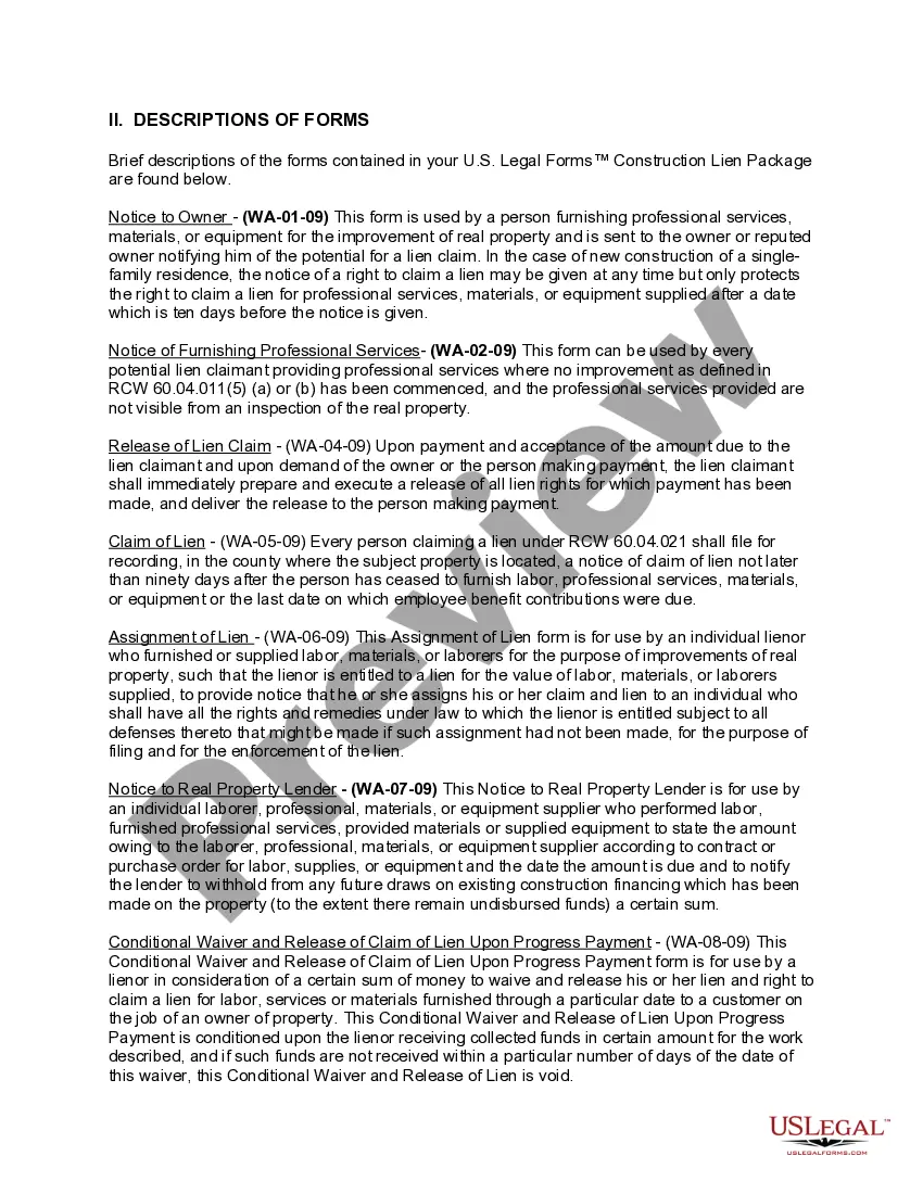 Preview Washington Construction or Mechanics Lien Package - Individual