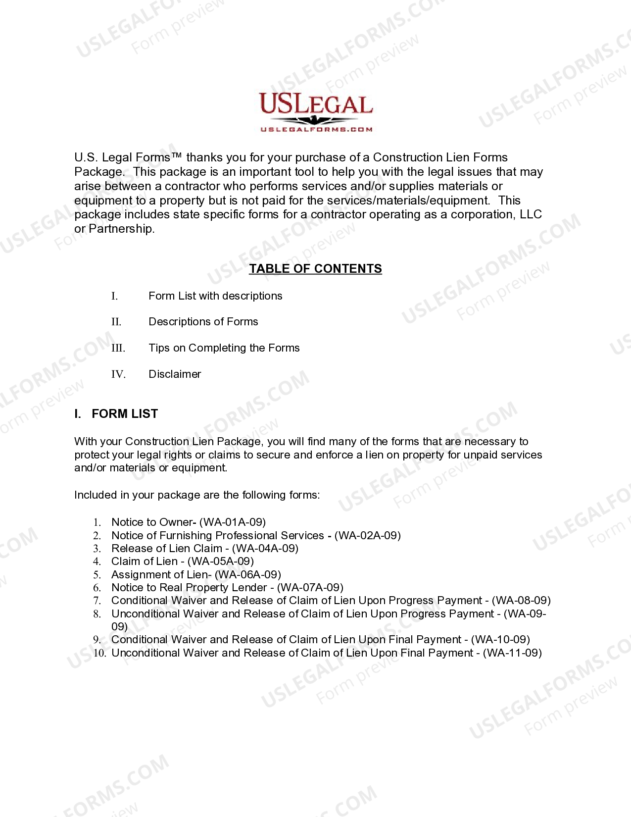 Washington Construction or Mechanics Lien Package Washington