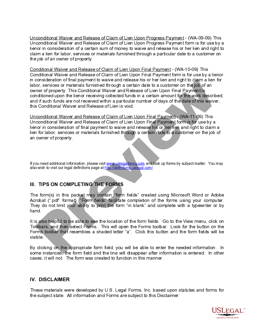 Washington Construction or Mechanics Lien Package Washington