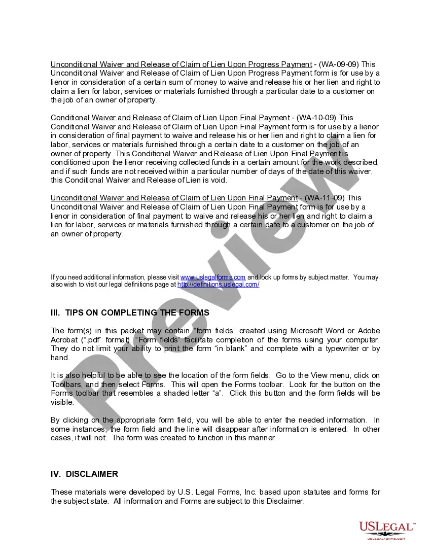 Preview Washington Construction or Mechanics Lien Package - Corporation or LLC