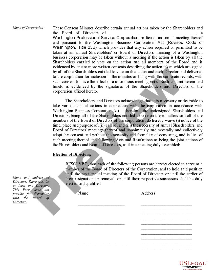 Get Sample Annual Minutes for a Washington Professional Corporation Preview Sample Annual Minutes for a Washington Professional Corporation