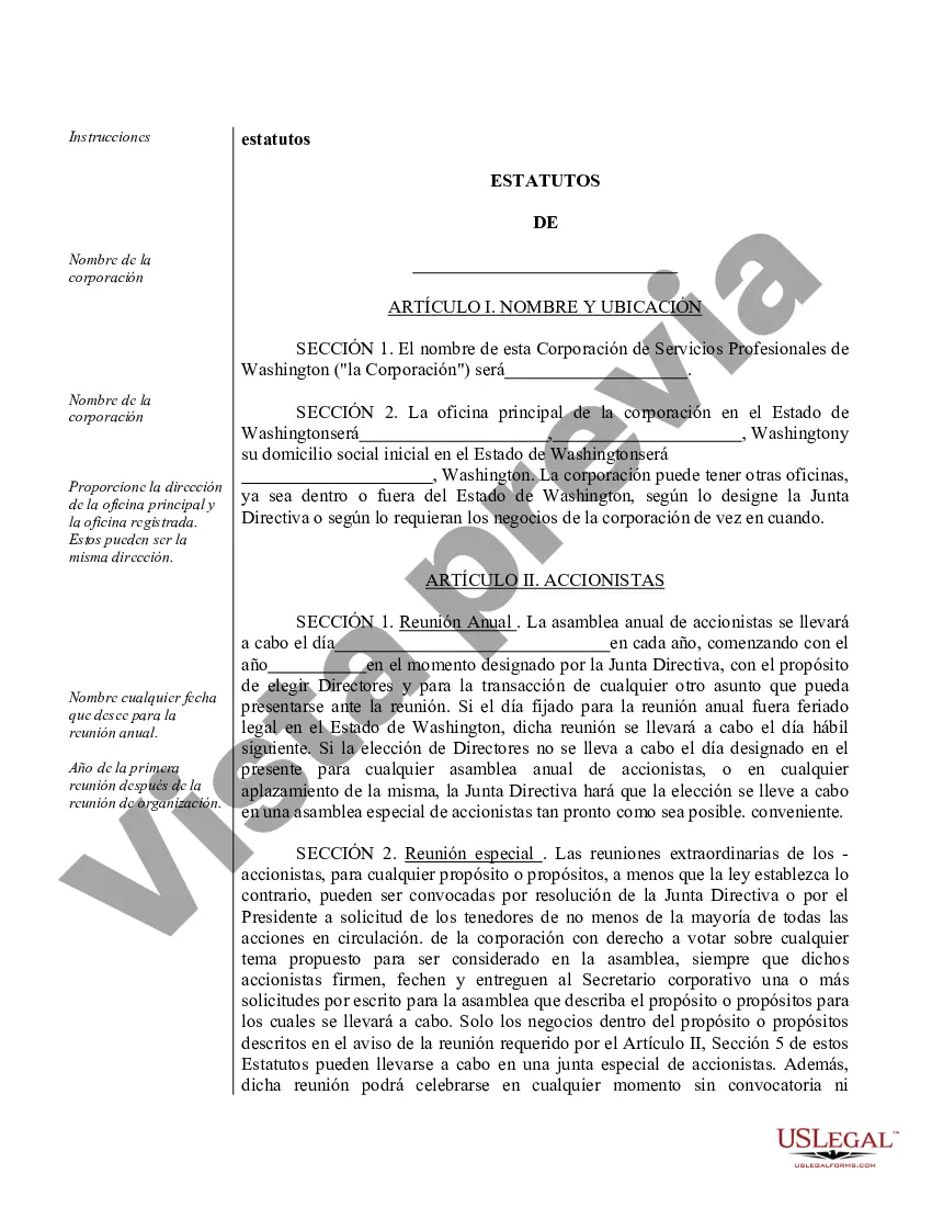 Preview Modelo de estatutos para una corporación profesional de Washington
