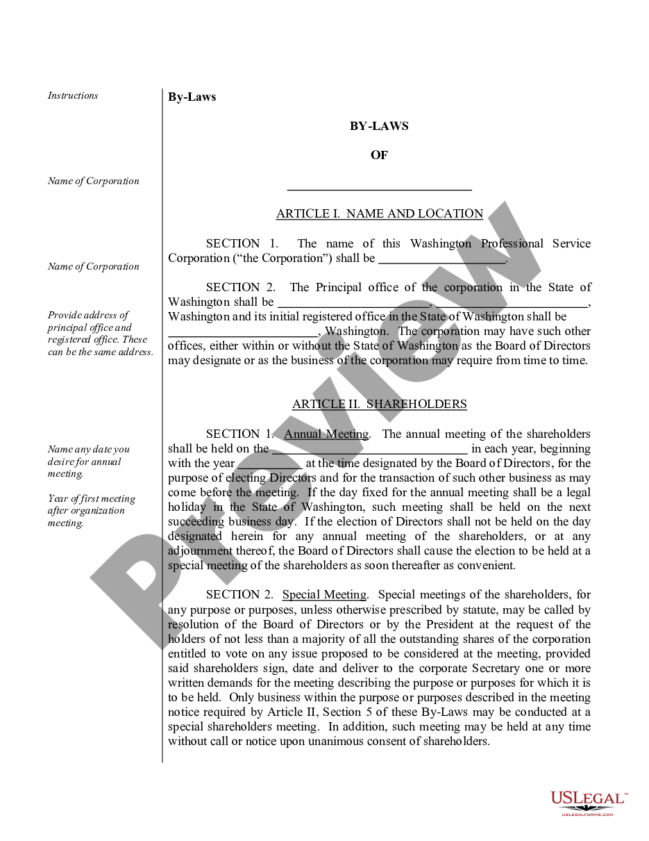 page 1 Sample Bylaws for a Washington Professional Corporation preview