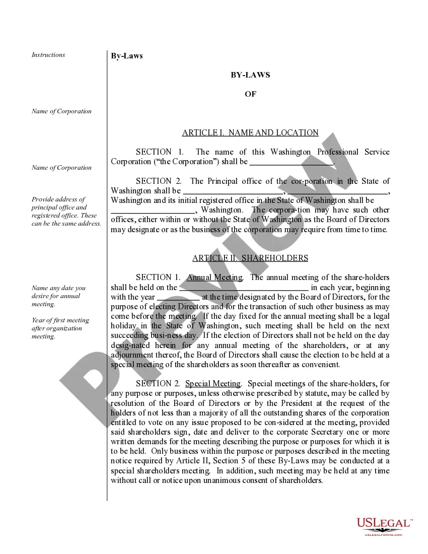 Get Sample Bylaws for a Washington Professional Corporation Preview Sample Bylaws for a Washington Professional Corporation