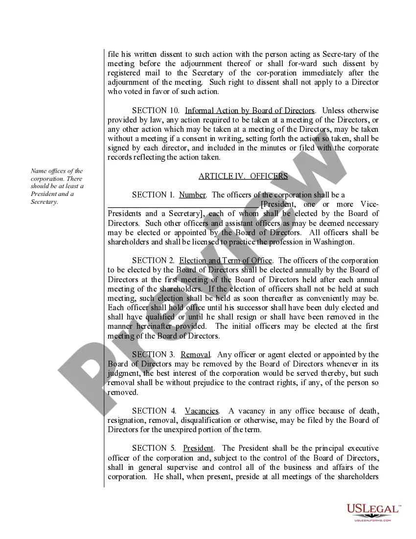 Get Sample Bylaws for a Washington Professional Corporation Preview Sample Bylaws for a Washington Professional Corporation