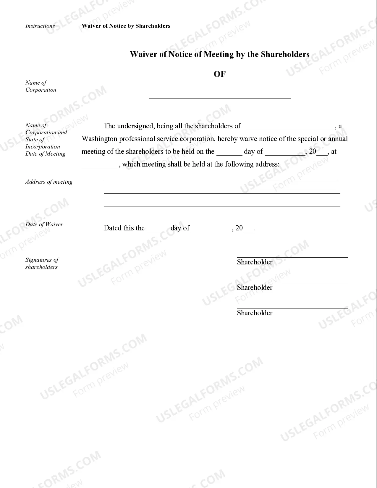 Preview Sample Corporate Records for a Washington Professional Corporation