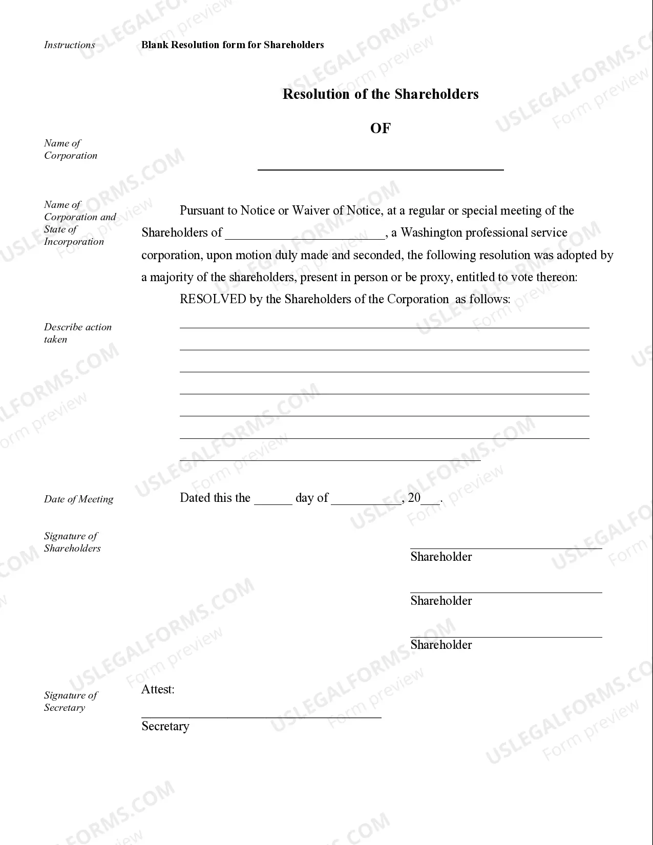 Preview Sample Corporate Records for a Washington Professional Corporation