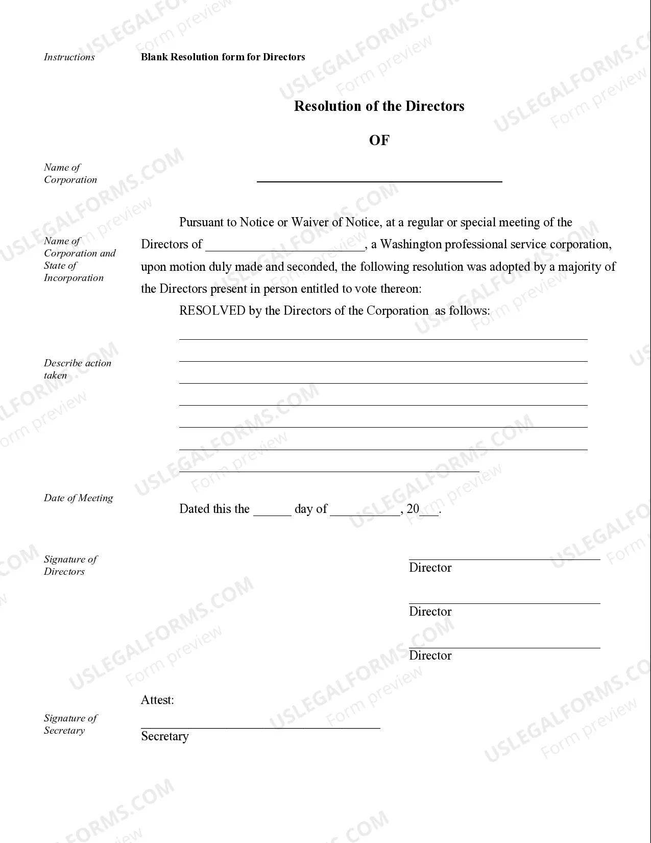 Preview Sample Corporate Records for a Washington Professional Corporation